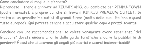 Come concludere al meglio la giornata?
Riprendete il treno e arrivate ad IZUNISANO, qui cambiate per RINKU-TOWN　(poche fermate). È proprio qui che si trova il RINKUU PREMIUM OUTLET. Si tratta di un grandissimo outlet di grandi firme (molte delle quali italiane e quasi tutte europee). Qui potrete cenare e acquistare qualche capo a prezzi scontati.

Concludo con una raccomandazione: se volete veramente avere esperienza “del Giappone” dovete andare al di la delle guide turistiche e darvi la possibilità di perdervi! È così che si scovano gli angoli più esotici e scorci indimenticabili!
